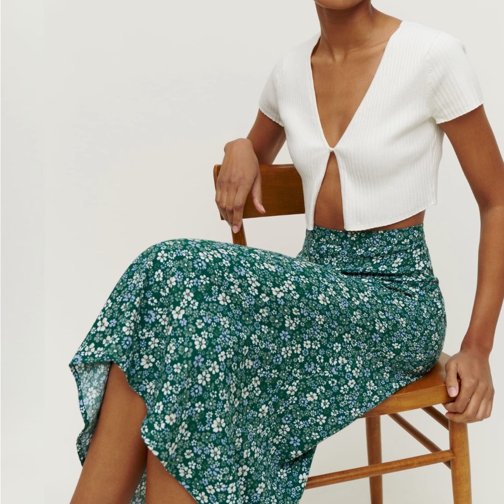 Reformation Green Floral Midi Skirt